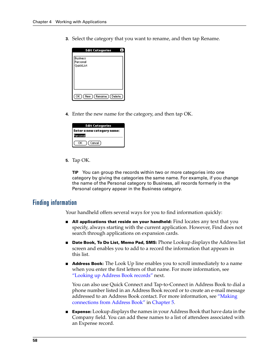Finding information, Finding, Information | Palm TUNGSTEN T2 User Manual | Page 72 / 502