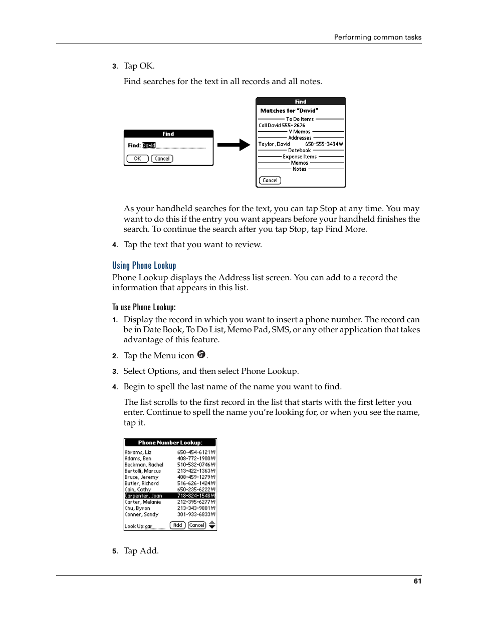 Using phone lookup, To use phone lookup | Palm TUNGSTEN T2 User Manual | Page 75 / 502