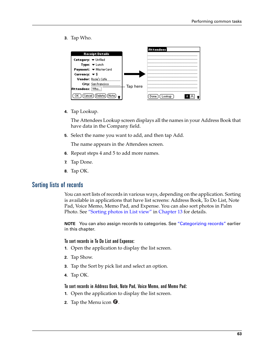 Sorting lists of records, To sort records in to do list and expense | Palm TUNGSTEN T2 User Manual | Page 77 / 502