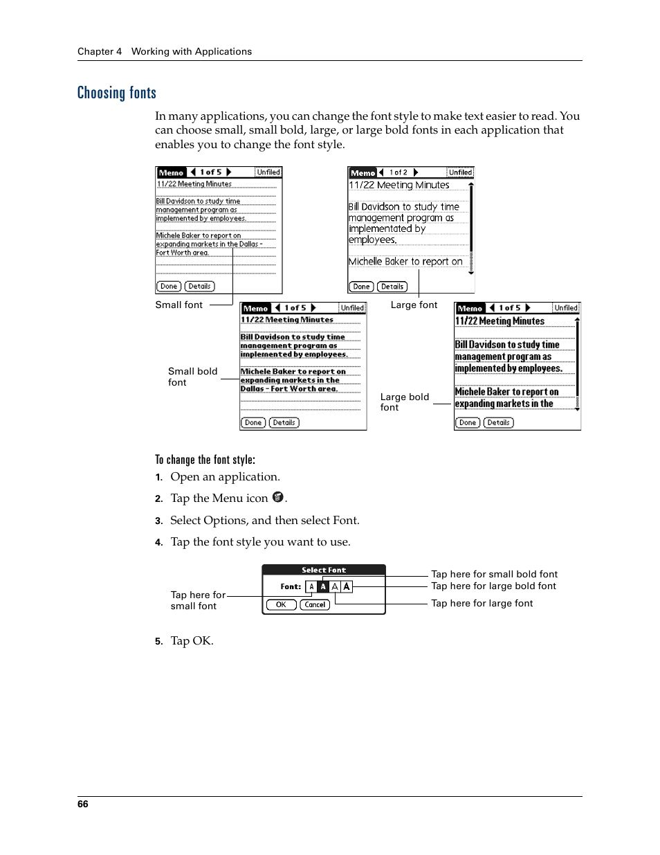 Choosing fonts, To change the font style | Palm TUNGSTEN T2 User Manual | Page 80 / 502