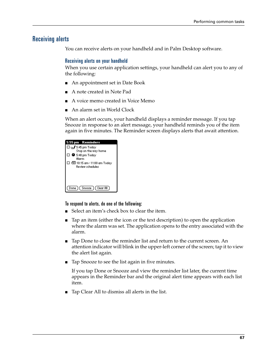 Receiving alerts, Receiving alerts on your handheld, To respond to alerts, do one of the following | Palm TUNGSTEN T2 User Manual | Page 81 / 502