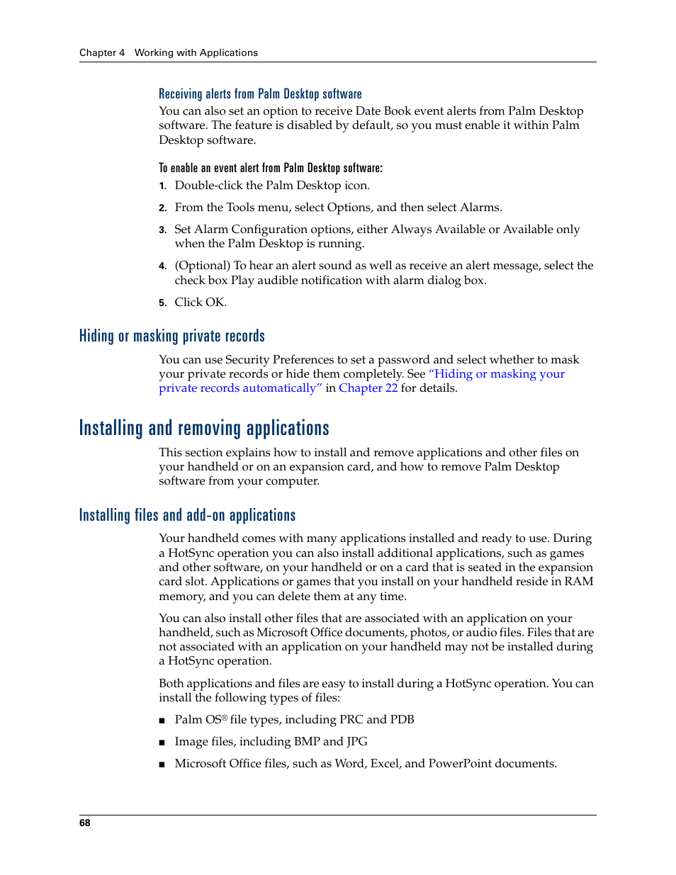 Receiving alerts from palm desktop software, Hiding or masking private records, Installing and removing applications | Installing files and add-on applications | Palm TUNGSTEN T2 User Manual | Page 82 / 502