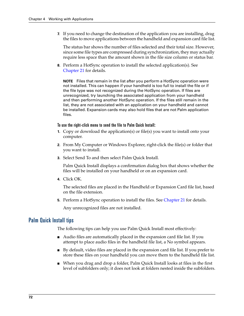 Palm quick install tips | Palm TUNGSTEN T2 User Manual | Page 86 / 502