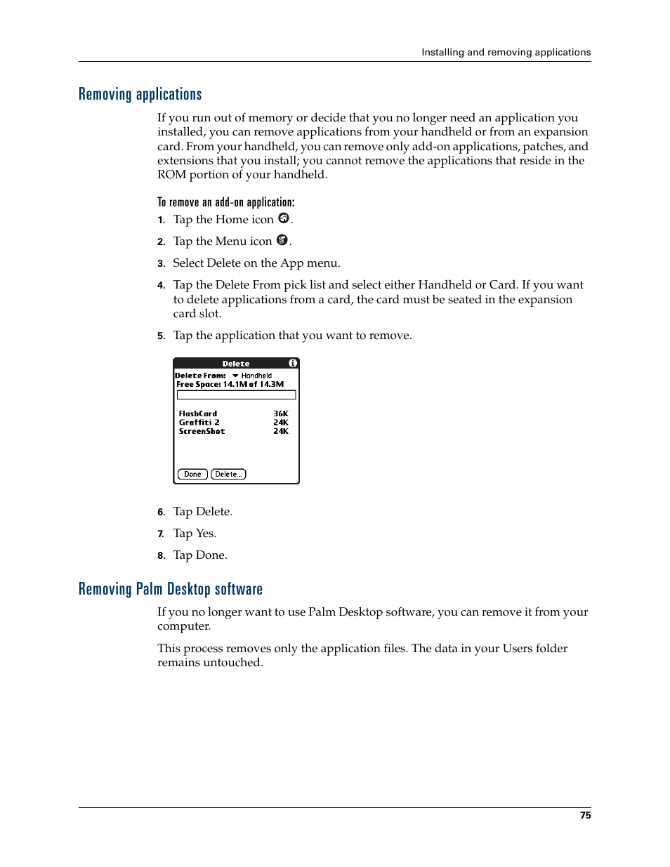 Removing applications, To remove an add-on application, Removing palm desktop software | Palm TUNGSTEN T2 User Manual | Page 89 / 502