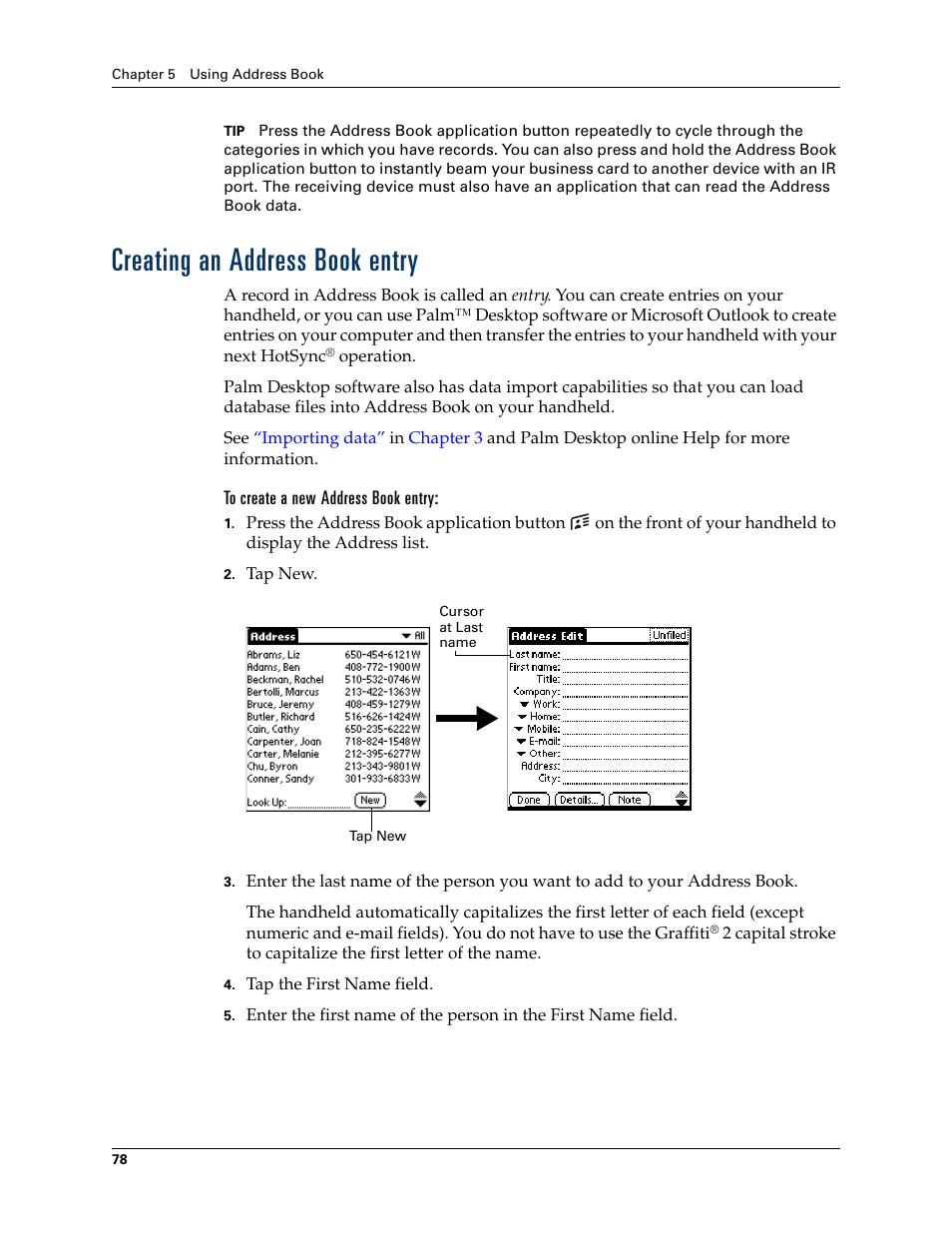 Creating an address book entry, To create a new address book entry | Palm TUNGSTEN T2 User Manual | Page 92 / 502