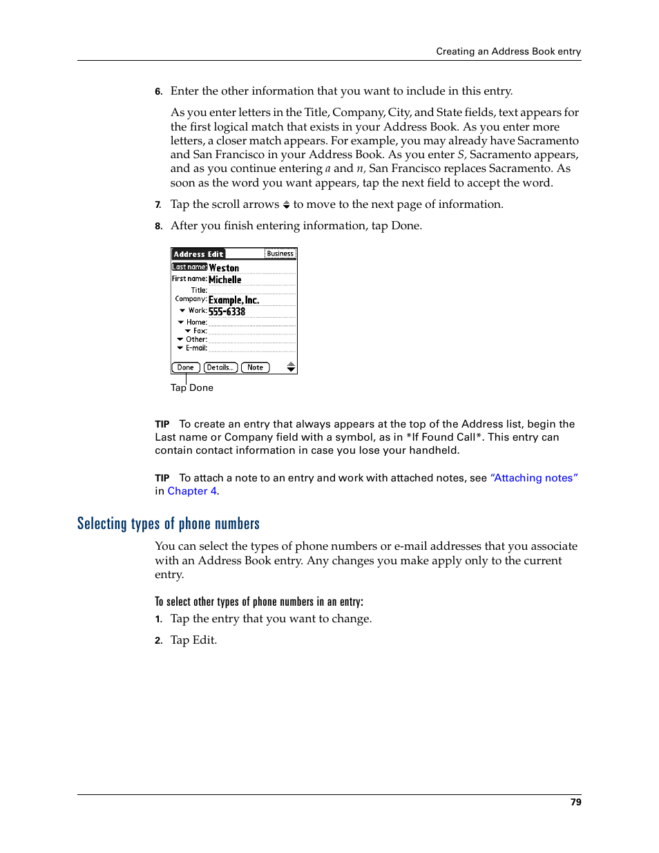 Selecting types of phone numbers, To select other types of phone numbers in an entry | Palm TUNGSTEN T2 User Manual | Page 93 / 502