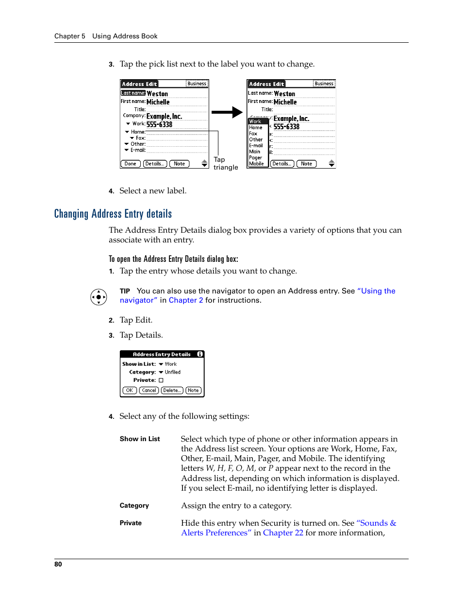 Changing address entry details, To open the address entry details dialog box | Palm TUNGSTEN T2 User Manual | Page 94 / 502