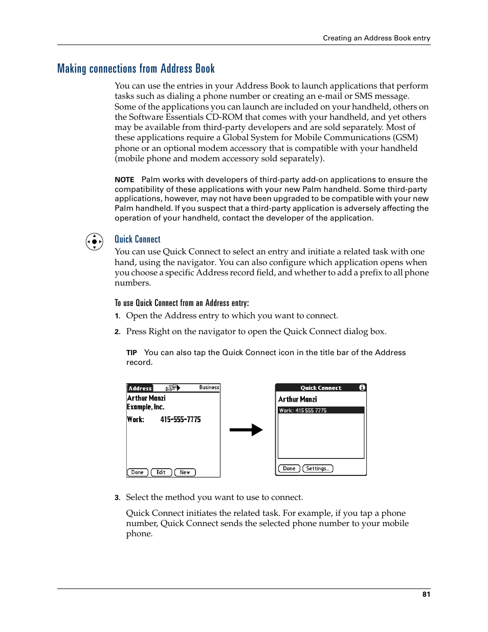 Making connections from address book, Quick connect, To use quick connect from an address entry | N, see, Making, Connections from address book, Chapter 5, Making connections from address, Book, Later in this chapter | Palm TUNGSTEN T2 User Manual | Page 95 / 502