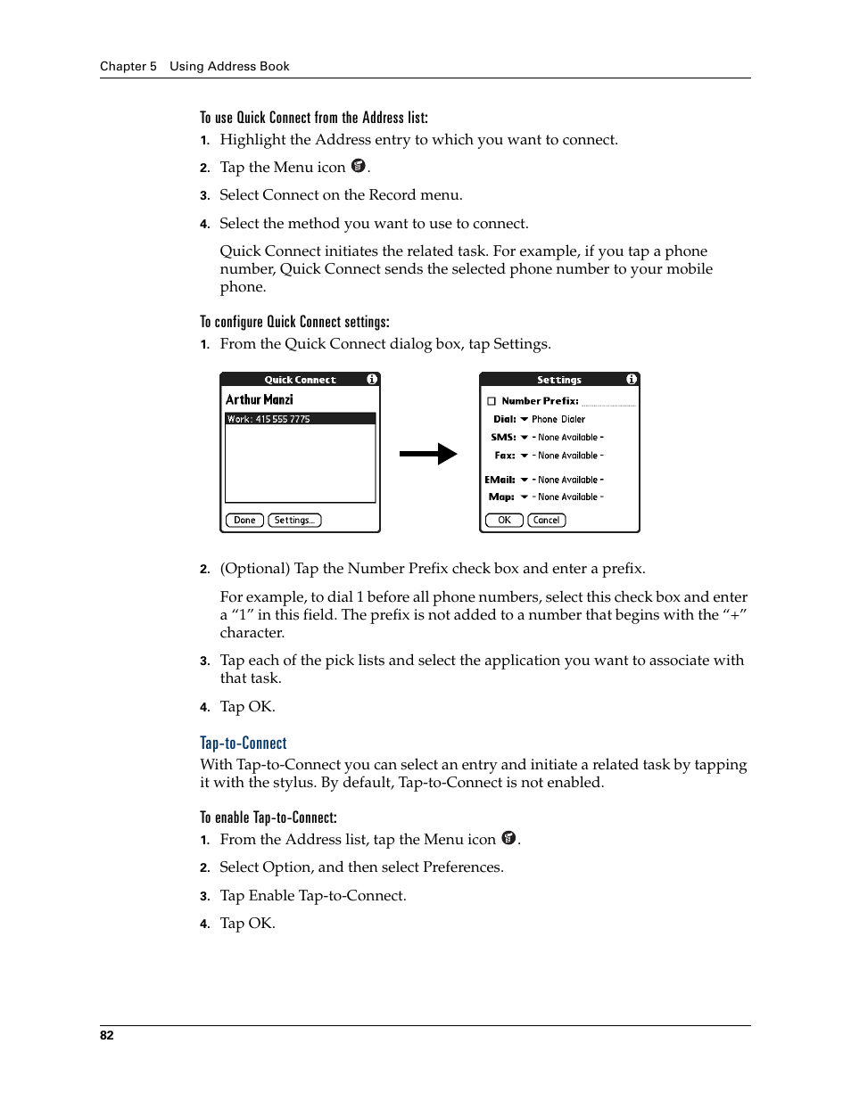 To use quick connect from the address list, To configure quick connect settings, Tap-to-connect | To enable tap-to-connect | Palm TUNGSTEN T2 User Manual | Page 96 / 502