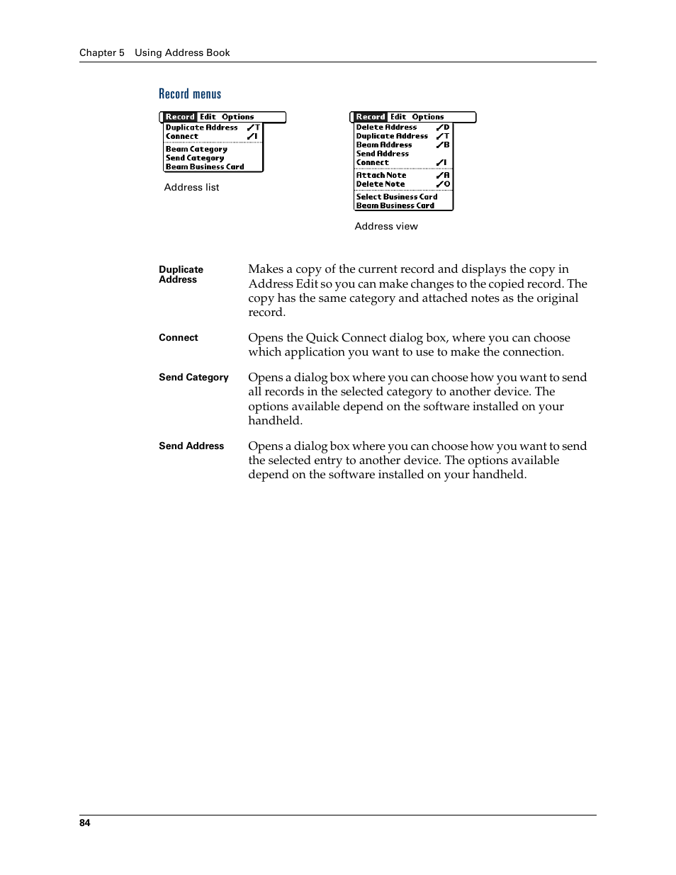 Record menus | Palm TUNGSTEN T2 User Manual | Page 98 / 502