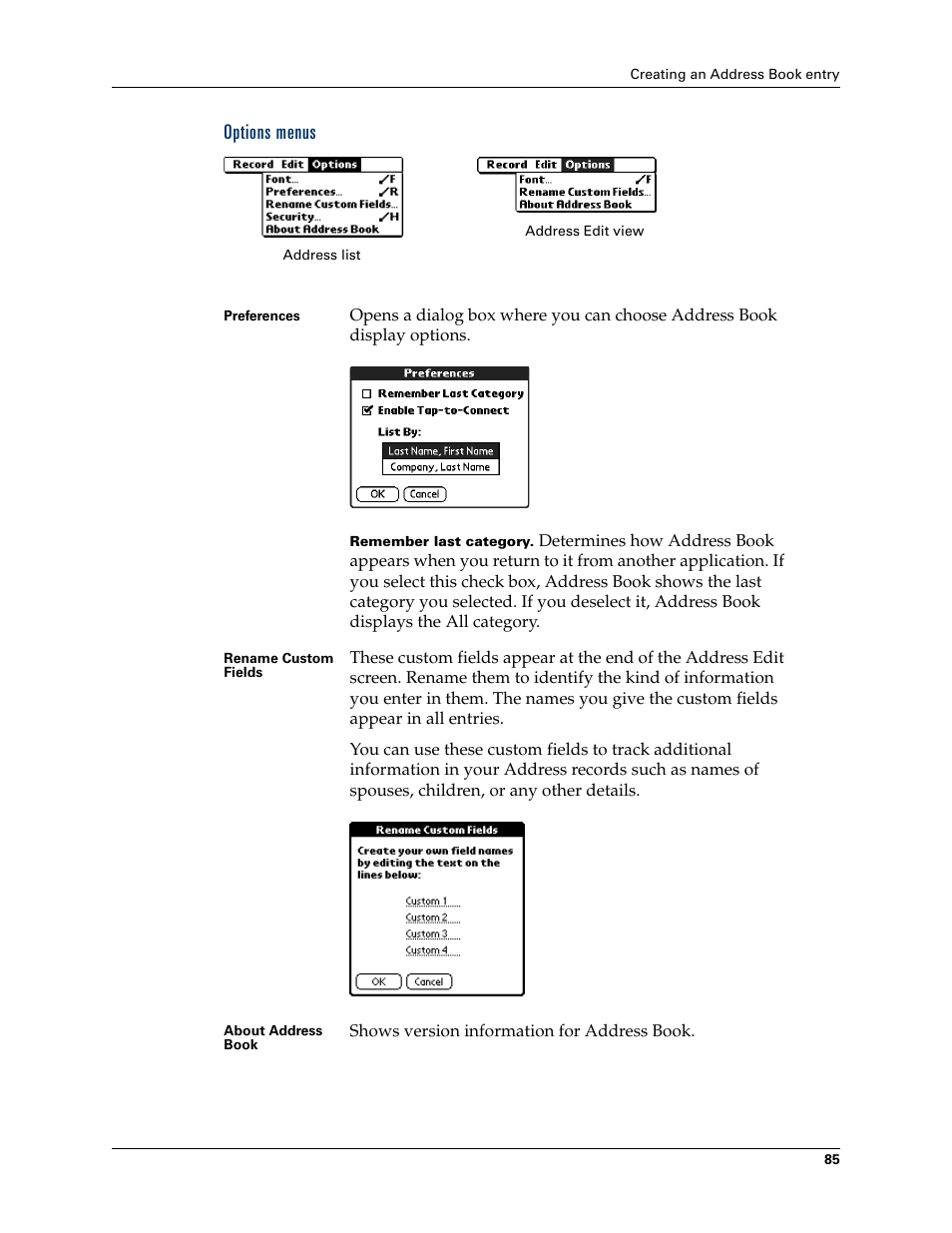 Options menus | Palm TUNGSTEN T2 User Manual | Page 99 / 502