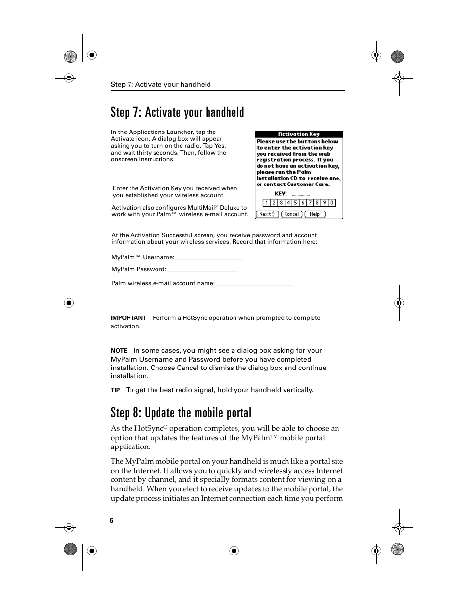 Step 7: activate your handheld, Step 8: update the mobile portal | Palm i700 User Manual | Page 10 / 34