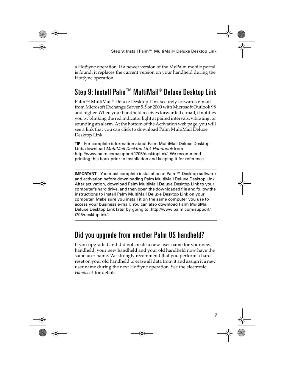 Did you upgrade from another palm os handheld, Step 9: install palm™ multimail, Step 9: install palm | Multimail, Deluxe desktop link | Palm i700 User Manual | Page 11 / 34