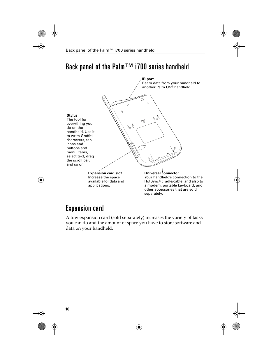 Back panel of the palm™ i700 series handheld, Expansion card | Palm i700 User Manual | Page 14 / 34