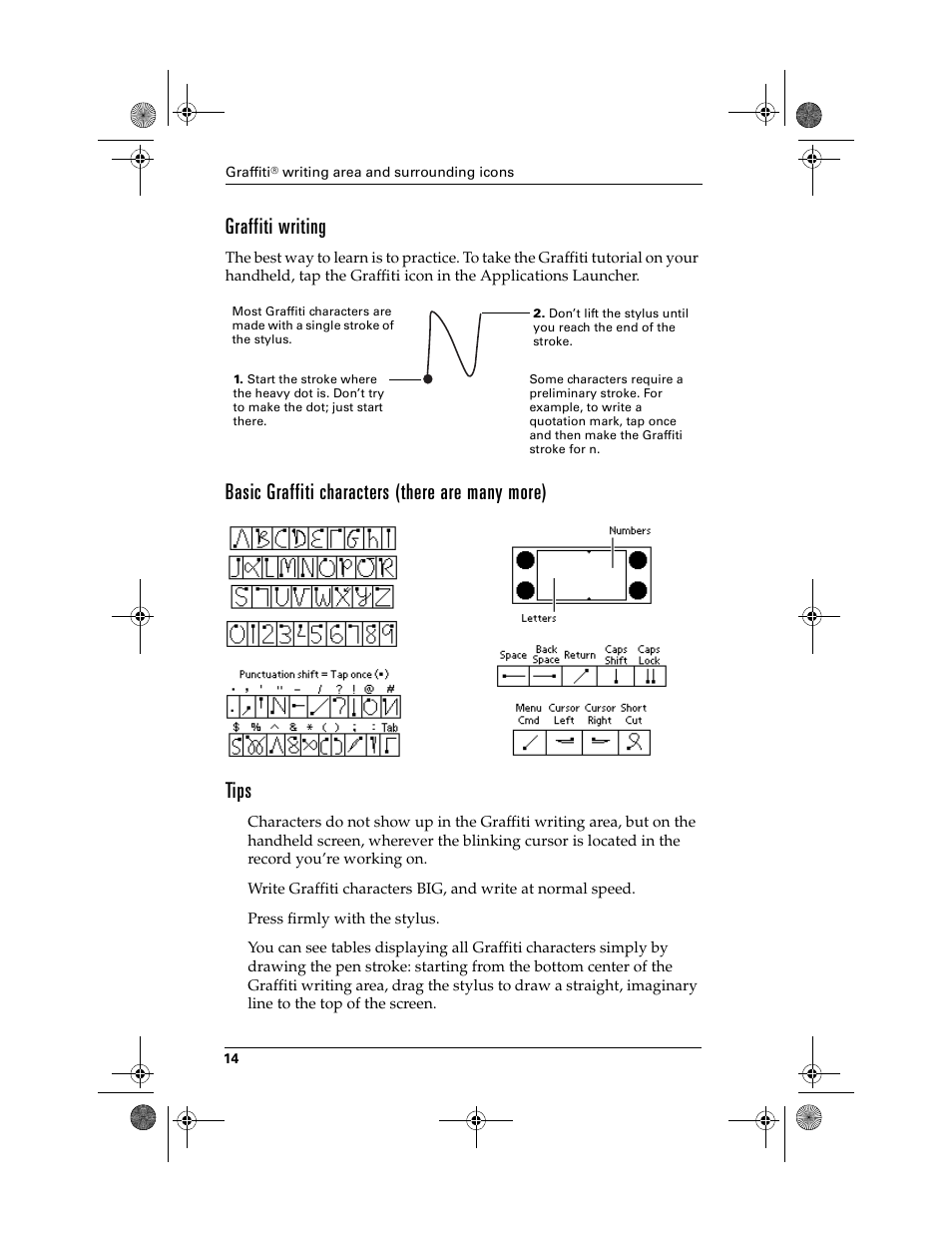 Graffiti writing, Basic graffiti characters (there are many more), Tips | Palm i700 User Manual | Page 18 / 34