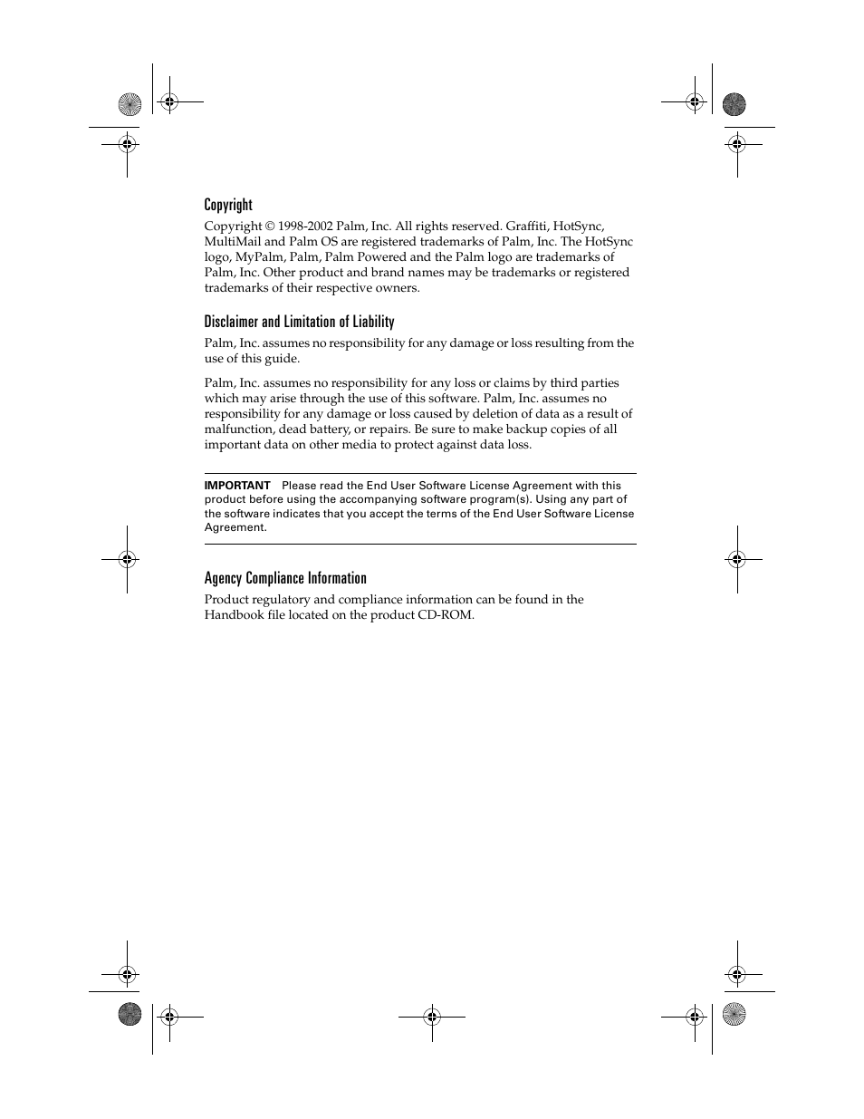 Copyright, Disclaimer and limitation of liability, Agency compliance information | Palm i700 User Manual | Page 2 / 34
