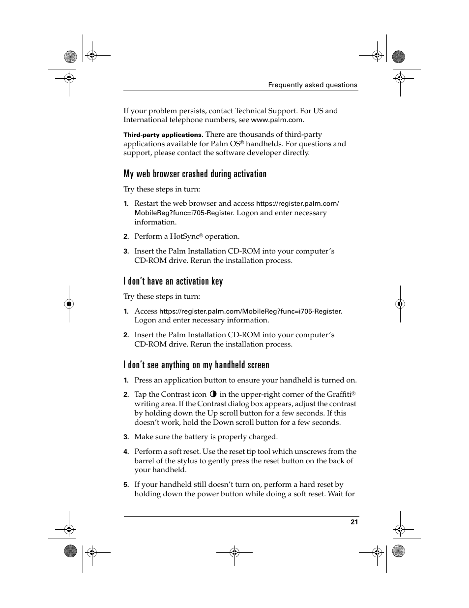 My web browser crashed during activation, I don’t have an activation key, I don’t see anything on my handheld screen | Palm i700 User Manual | Page 25 / 34