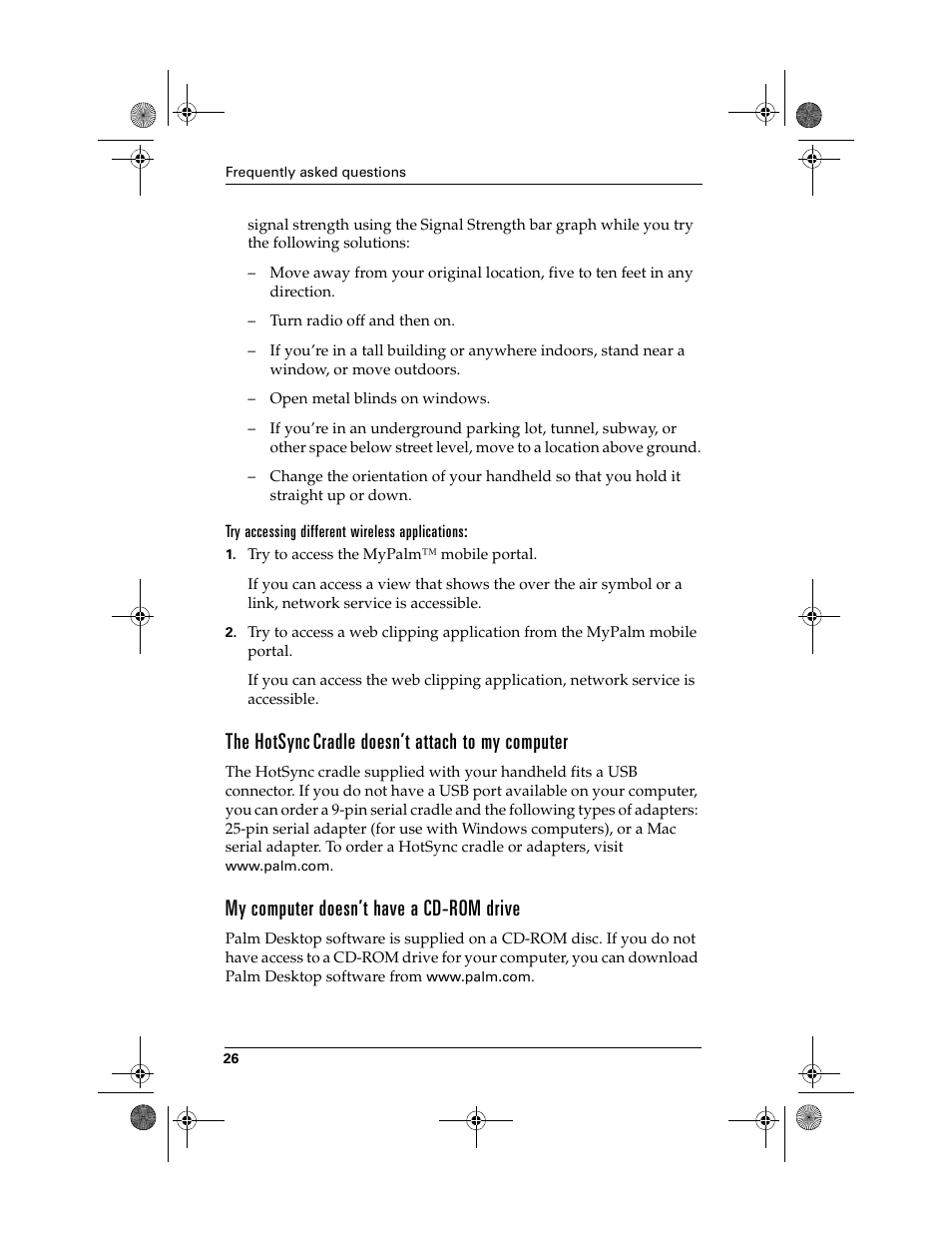 The hotsync cradle doesn’t attach to my computer, My computer doesn’t have a cd-rom drive, The hotsync | Cradle doesn’t attach to my computer | Palm i700 User Manual | Page 30 / 34