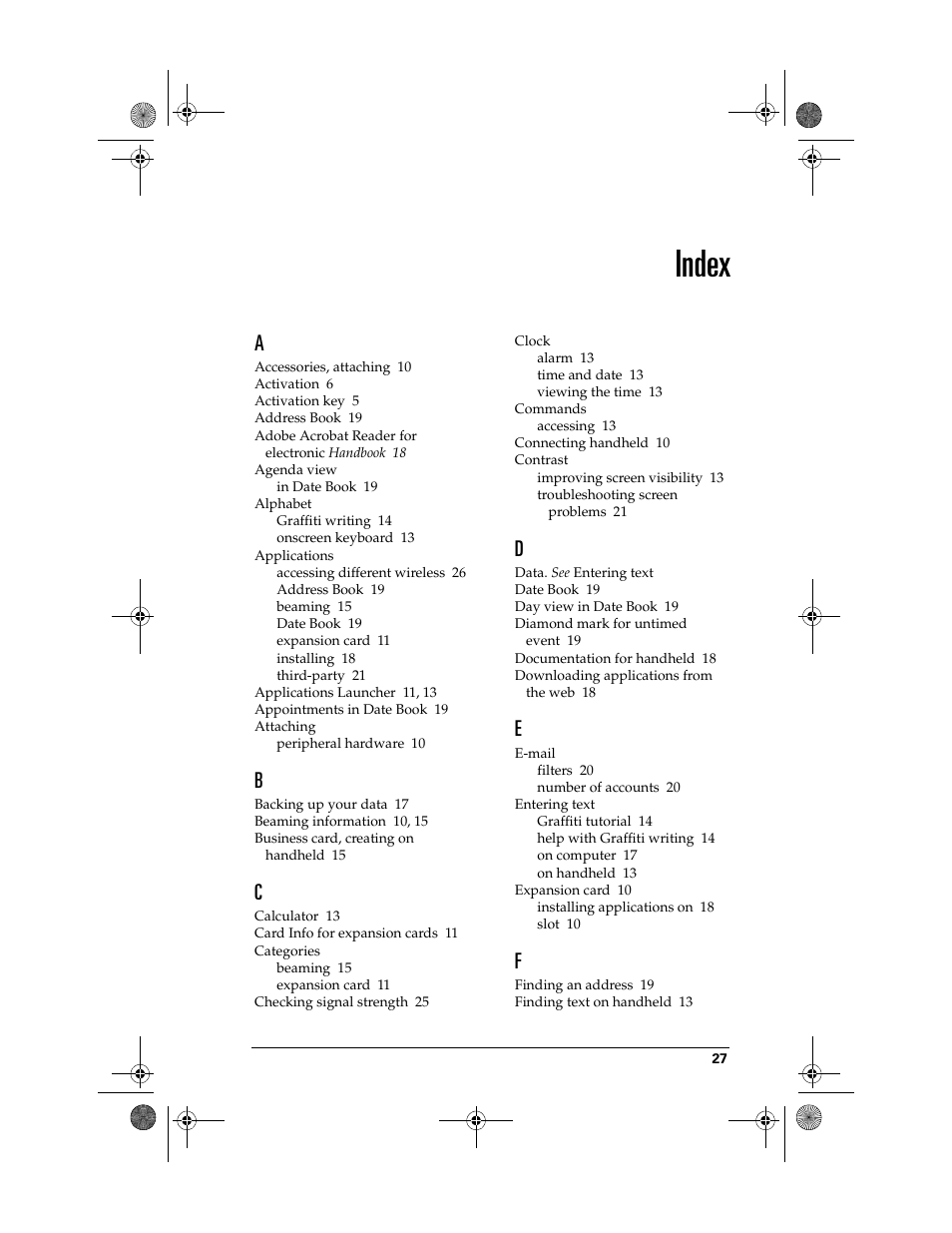 Index | Palm i700 User Manual | Page 31 / 34