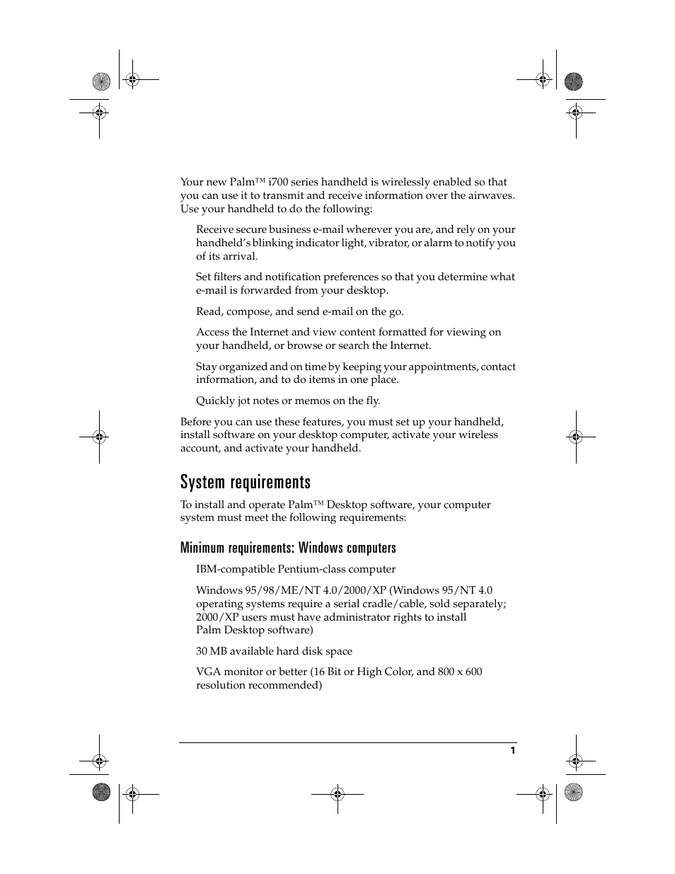 System requirements, Minimum requirements: windows computers | Palm i700 User Manual | Page 5 / 34