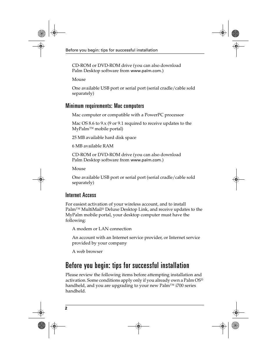 Minimum requirements: mac computers, Internet access, Before you begin: tips for successful installation | Palm i700 User Manual | Page 6 / 34