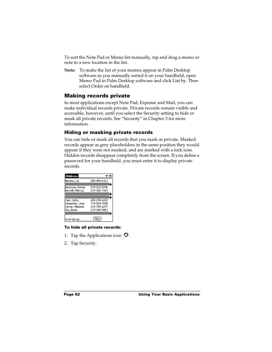 Making records private, Hiding or masking private records, To hide all private records | Palm m500 User Manual | Page 102 / 286