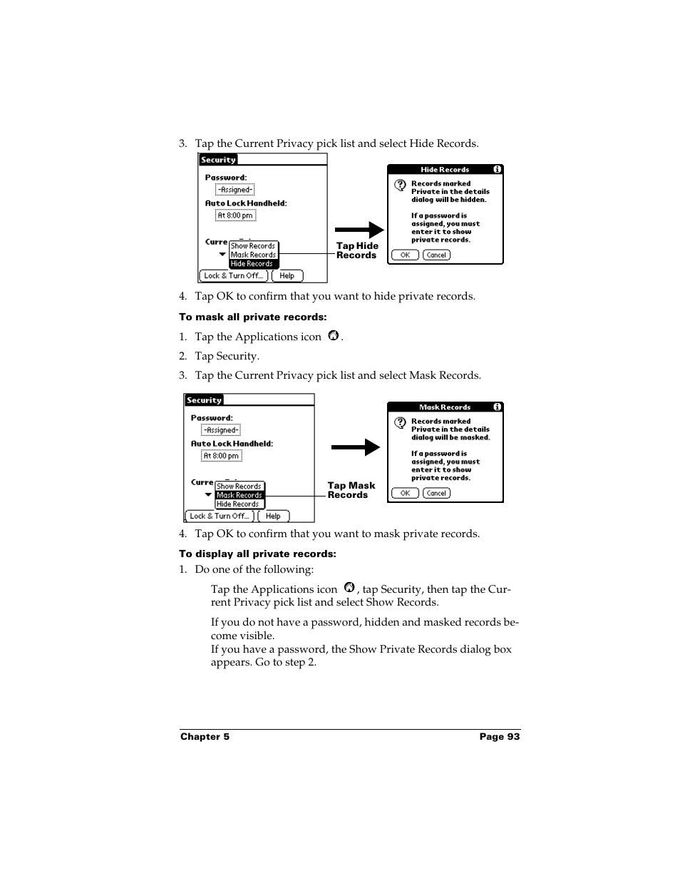 To mask all private records, To display all private records | Palm m500 User Manual | Page 103 / 286