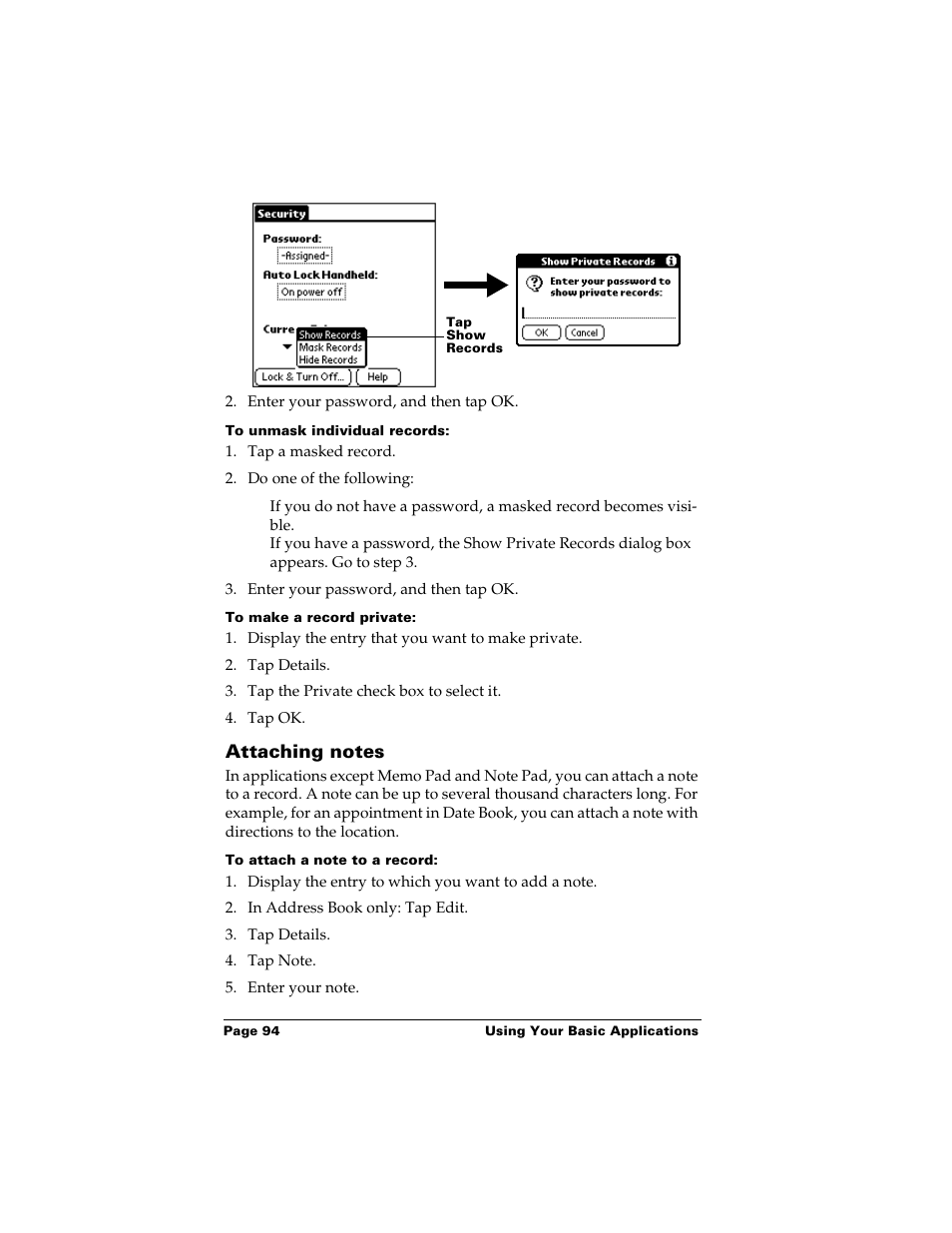 To unmask individual records, To make a record private, Attaching notes | To attach a note to a record | Palm m500 User Manual | Page 104 / 286