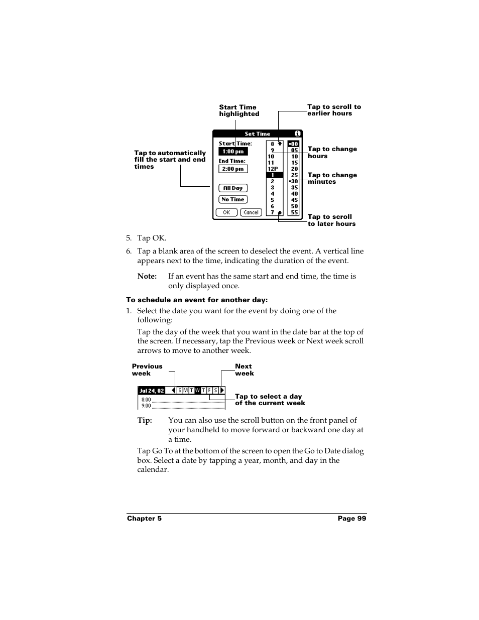 To schedule an event for another day | Palm m500 User Manual | Page 109 / 286