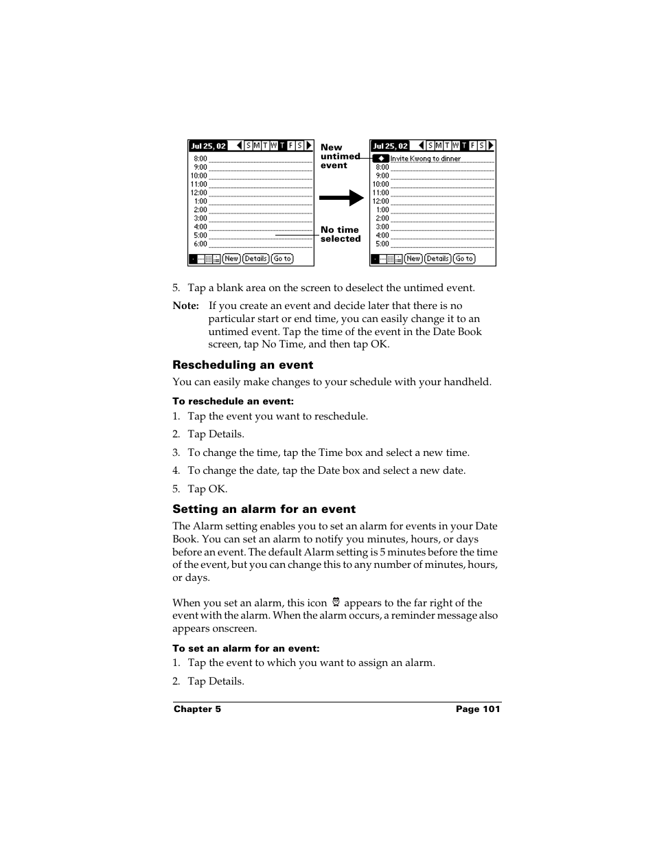 Rescheduling an event, To reschedule an event, Setting an alarm for an event | To set an alarm for an event | Palm m500 User Manual | Page 111 / 286