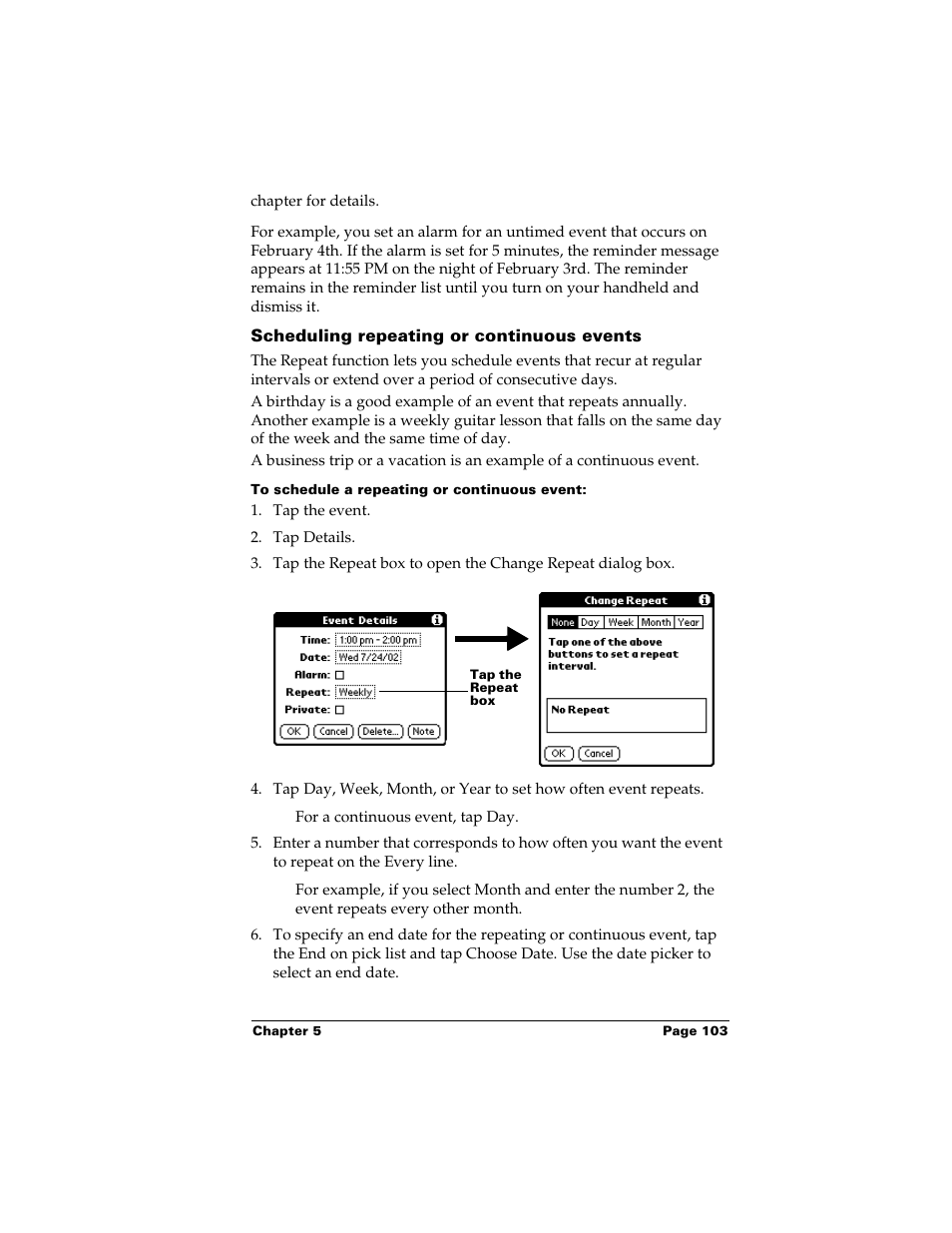 Scheduling repeating or continuous events, To schedule a repeating or continuous event | Palm m500 User Manual | Page 113 / 286