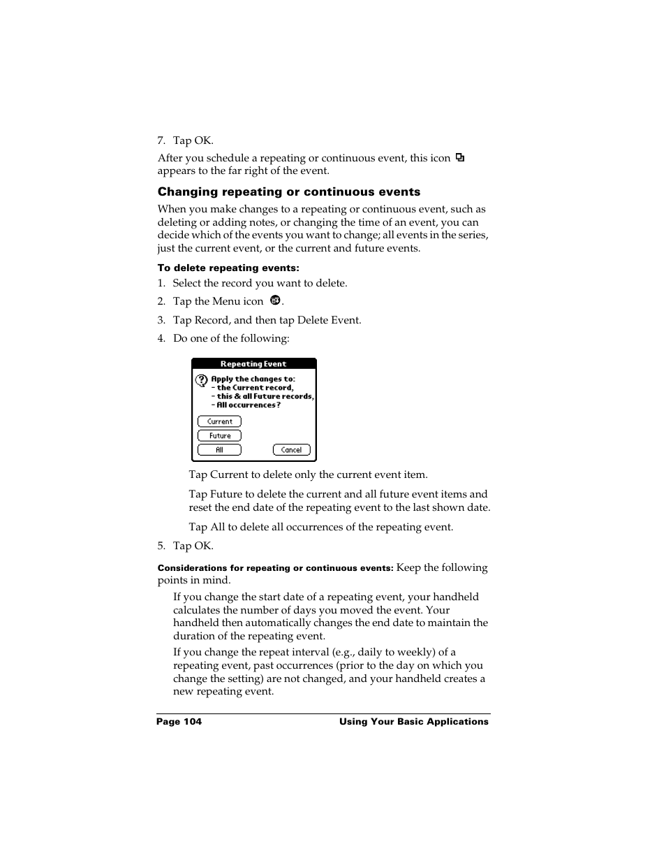 Changing repeating or continuous events, To delete repeating events | Palm m500 User Manual | Page 114 / 286