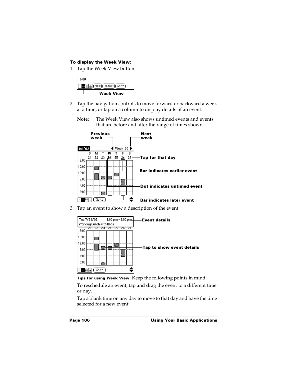 To display the week view | Palm m500 User Manual | Page 116 / 286