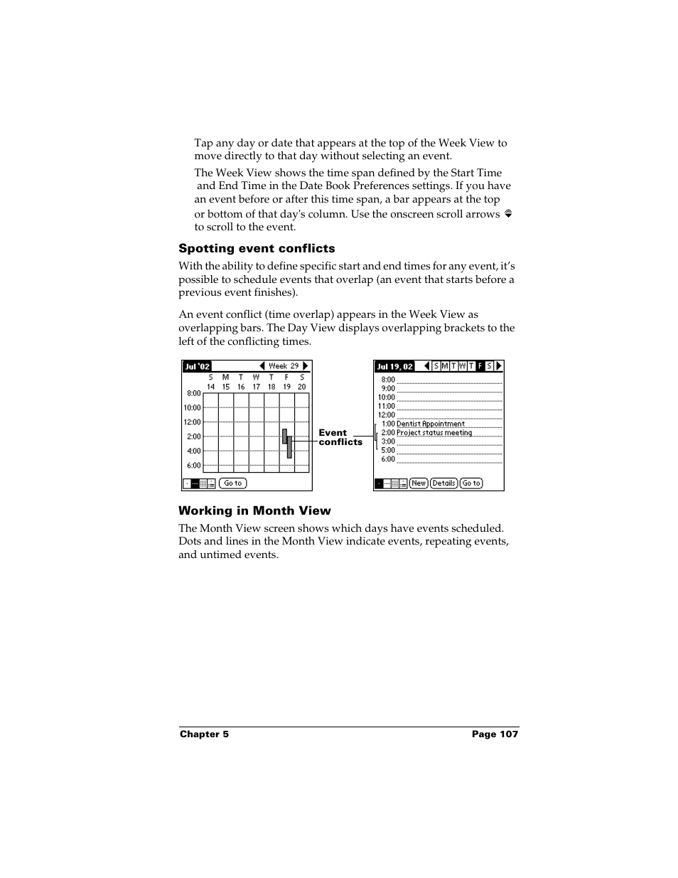 Spotting event conflicts, Working in month view | Palm m500 User Manual | Page 117 / 286