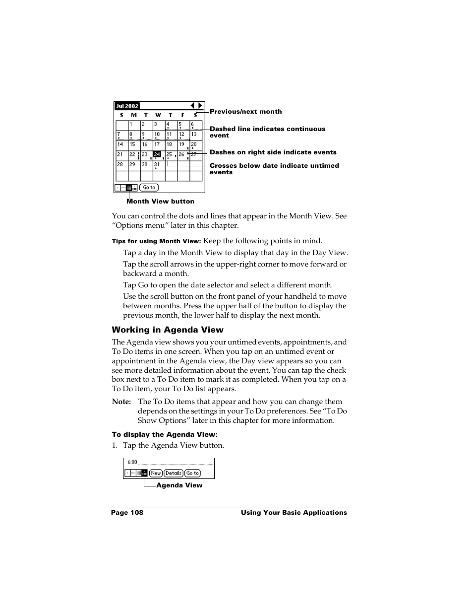 Working in agenda view, To display the agenda view | Palm m500 User Manual | Page 118 / 286