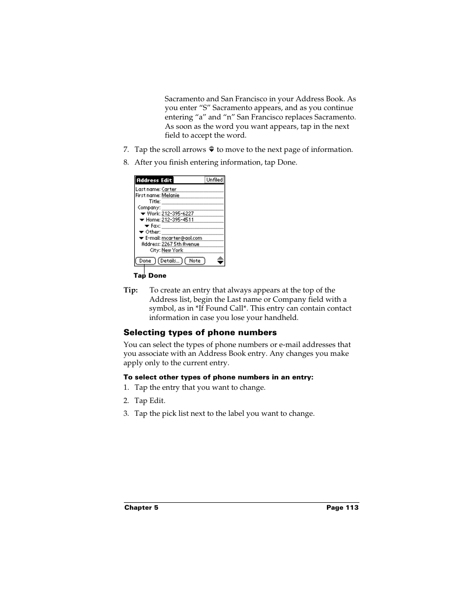 Selecting types of phone numbers, To select other types of phone numbers in an entry | Palm m500 User Manual | Page 123 / 286