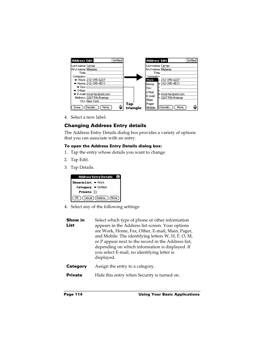 Changing address entry details, To open the address entry details dialog box | Palm m500 User Manual | Page 124 / 286