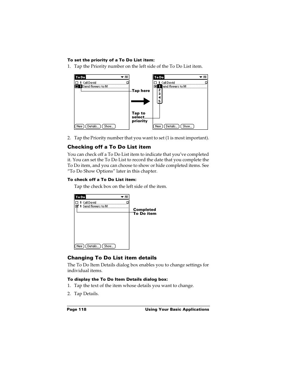 To set the priority of a to do list item, Checking off a to do list item, To check off a to do list item | Changing to do list item details, To display the to do item details dialog box | Palm m500 User Manual | Page 128 / 286