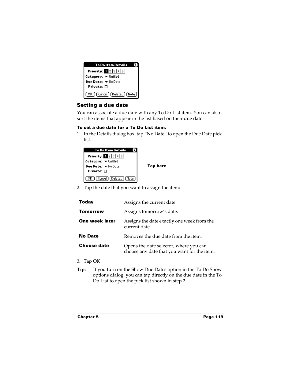 Setting a due date, To set a due date for a to do list item | Palm m500 User Manual | Page 129 / 286