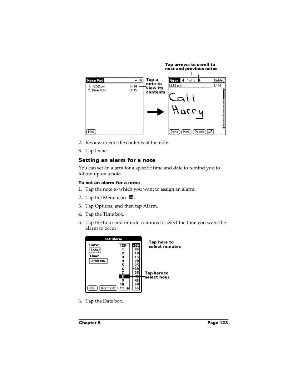 Setting an alarm for a note, To set an alarm for a note | Palm m500 User Manual | Page 133 / 286