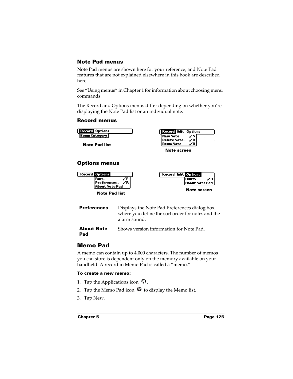 Note pad menus, Record menus, Options menus | Memo pad, To create a new memo | Palm m500 User Manual | Page 135 / 286