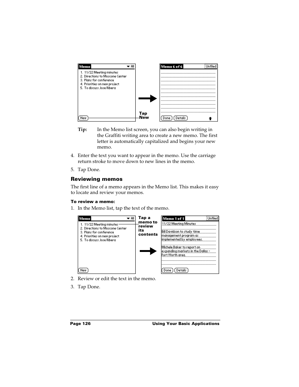 Reviewing memos, To review a memo | Palm m500 User Manual | Page 136 / 286