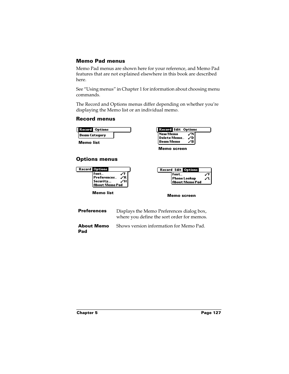 Memo pad menus, Record menus, Options menus | Palm m500 User Manual | Page 137 / 286