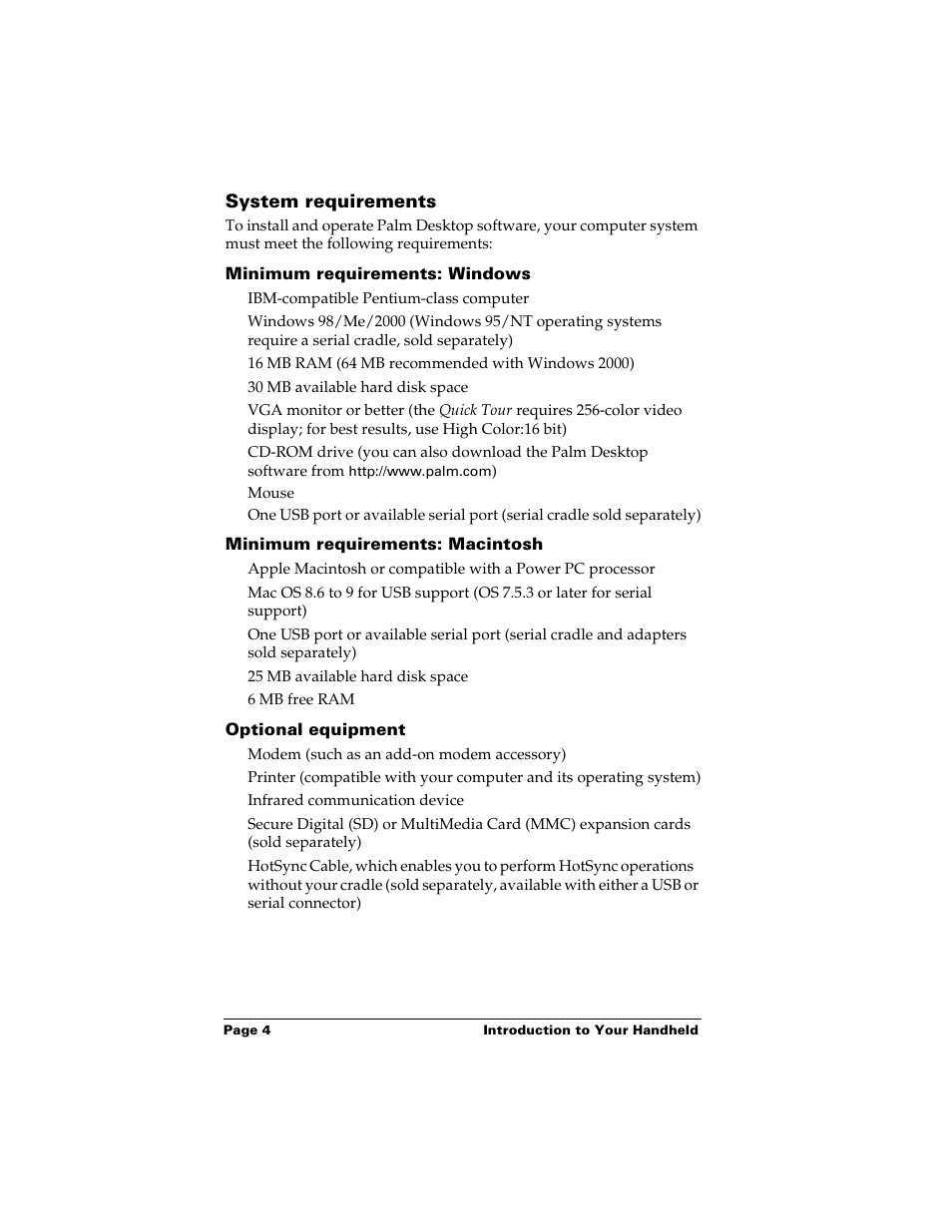 System requirements, Minimum requirements: windows, Minimum requirements: macintosh | Optional equipment | Palm m500 User Manual | Page 14 / 286