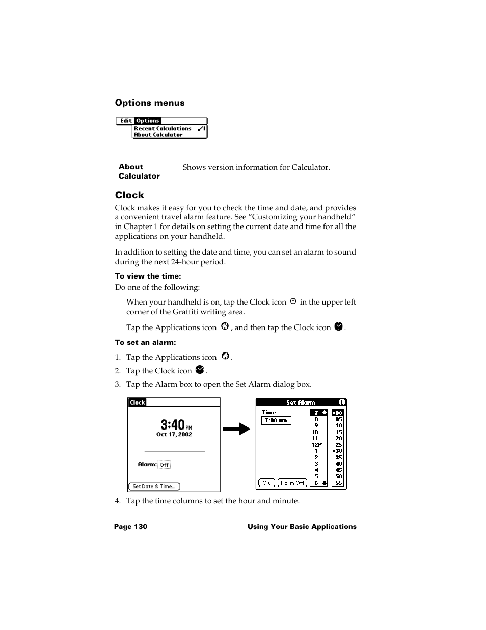 Options menus, Clock, To view the time | To set an alarm | Palm m500 User Manual | Page 140 / 286