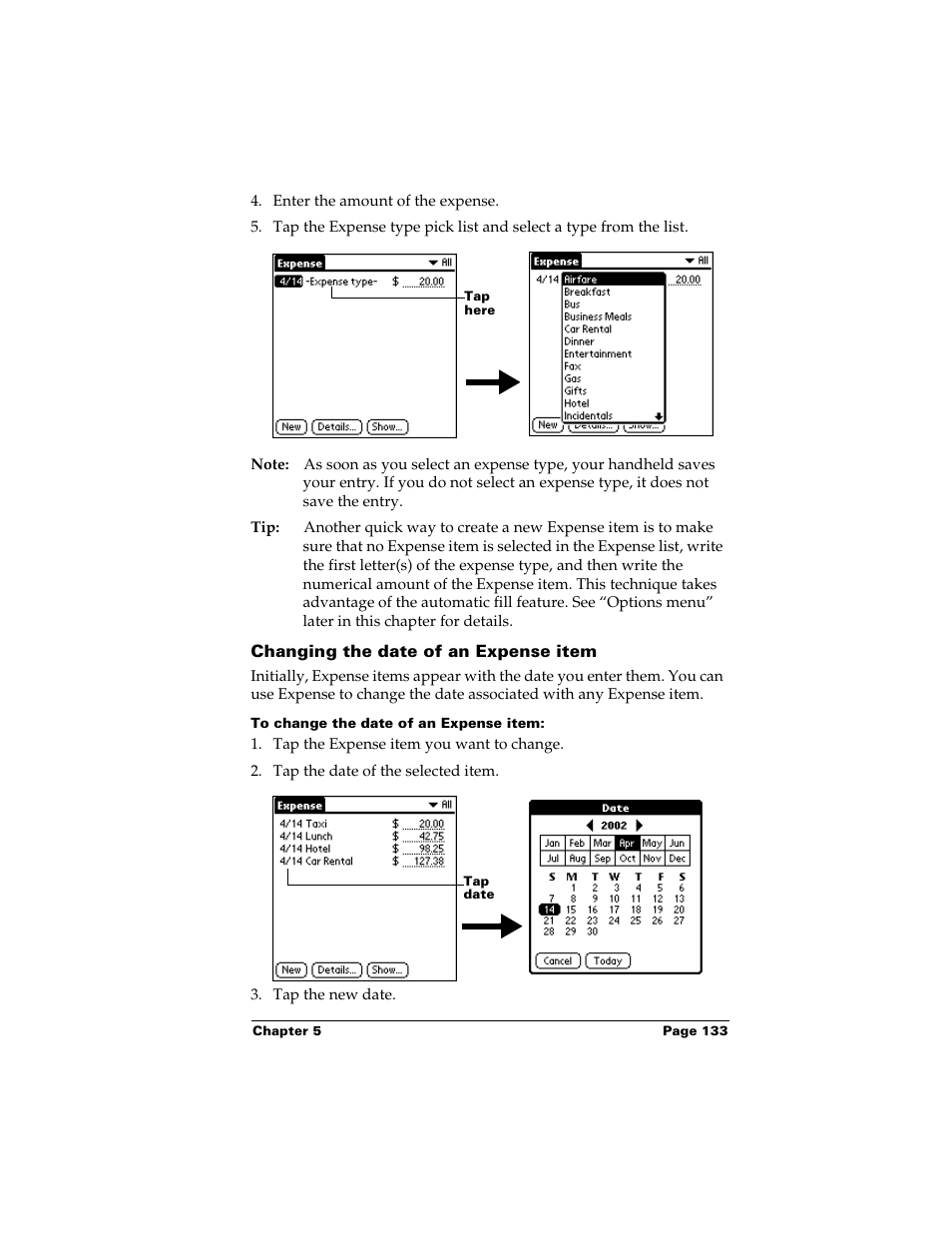 Changing the date of an expense item, To change the date of an expense item | Palm m500 User Manual | Page 143 / 286