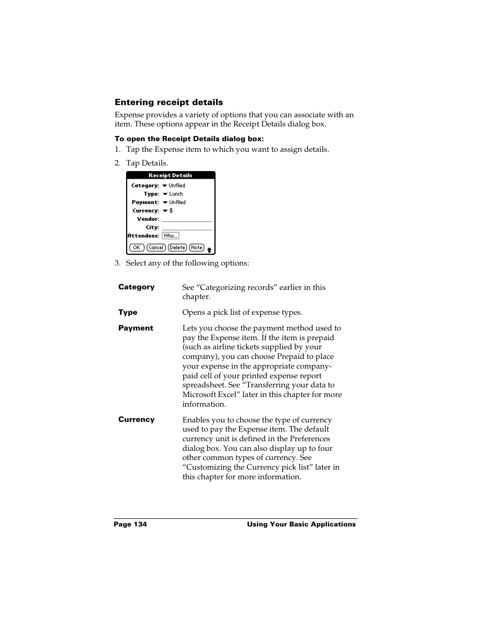 Entering receipt details, To open the receipt details dialog box | Palm m500 User Manual | Page 144 / 286