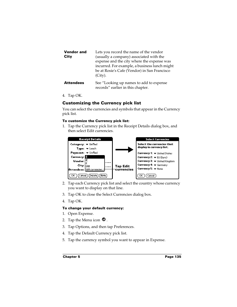 Customizing the currency pick list, To customize the currency pick list, To change your default currency | Palm m500 User Manual | Page 145 / 286