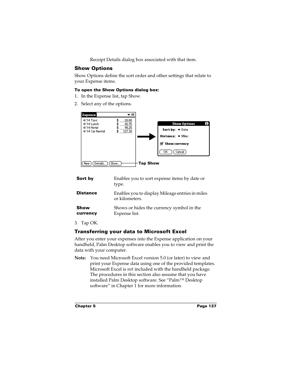 Show options, To open the show options dialog box, Transferring your data to microsoft excel | Palm m500 User Manual | Page 147 / 286