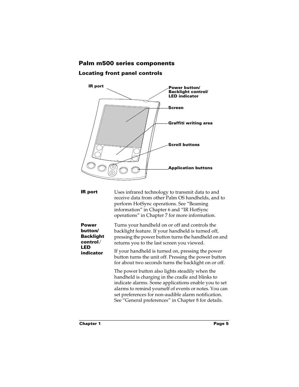 Palm m500 series components, Locating front panel controls | Palm m500 User Manual | Page 15 / 286